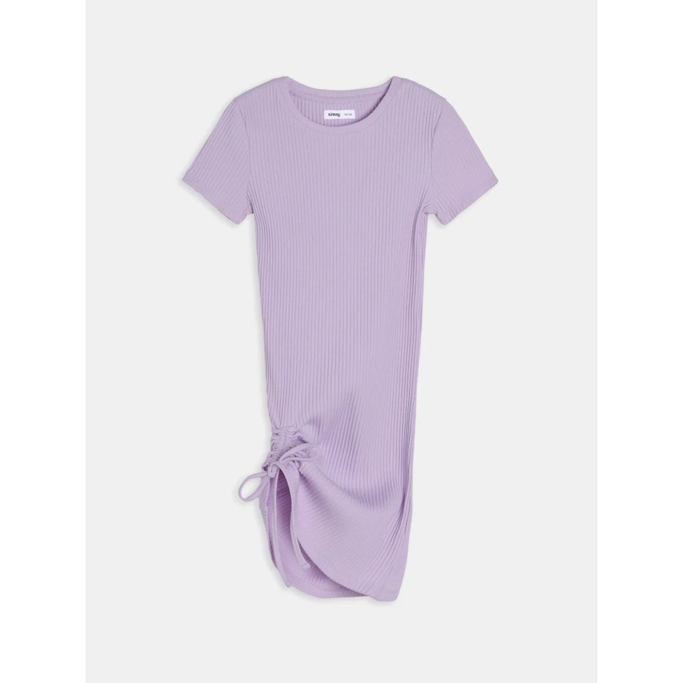 A light purple ribbed short-sleeve t-shirt dress with a side drawstring detail, displayed flat against a light gray background.