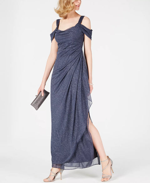 Alex Evenings Women's Grey Cold-Shoulder Draped Metallic Gown  Dress| Alex Evenings  in Lebanon