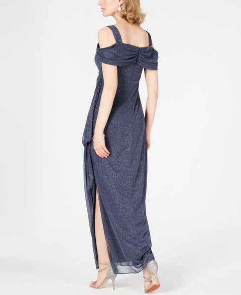 Alex Evenings Women's Grey Cold-Shoulder Draped Metallic Gown  Dress| Alex Evenings  in Lebanon