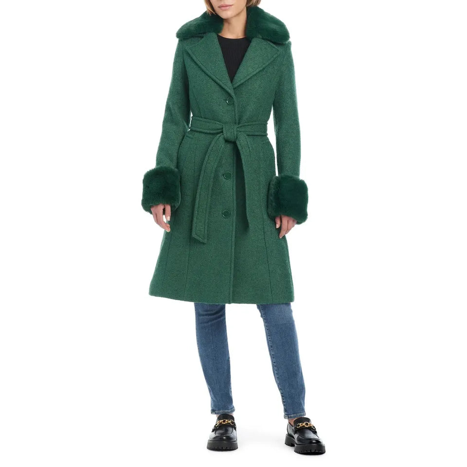 Kate Spade Women's Dark Green Faux Fur Collar And Cuffs With Belt Coat
