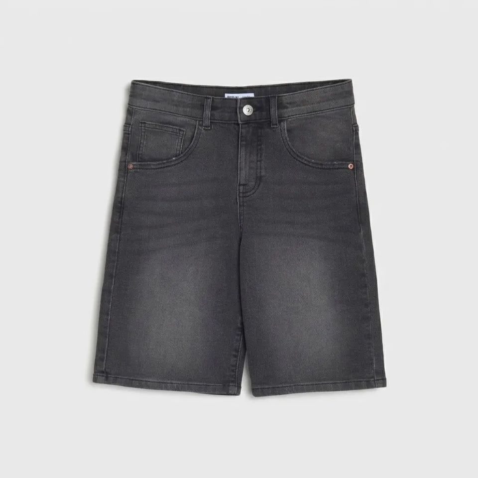 A pair of dark gray washed denim shorts with a button closure and classic five-pocket design, laid flat against a light gray background.