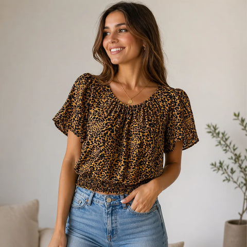 Guess Women's Brown & Black Animal Printed Short Sleeve Blouse|Guess In Lebanon