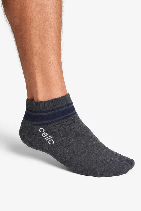 Gray ankle sock with a blue stripe and visible brand logo on a white background