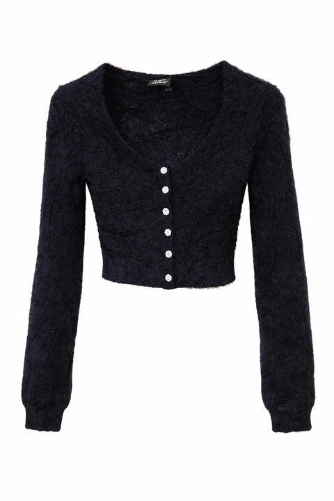 Planet Heart Women's Black Rhinestone-Button Fuzzy Eyelash Cardigan Sweatshirt | Planet Heart In Lebanon