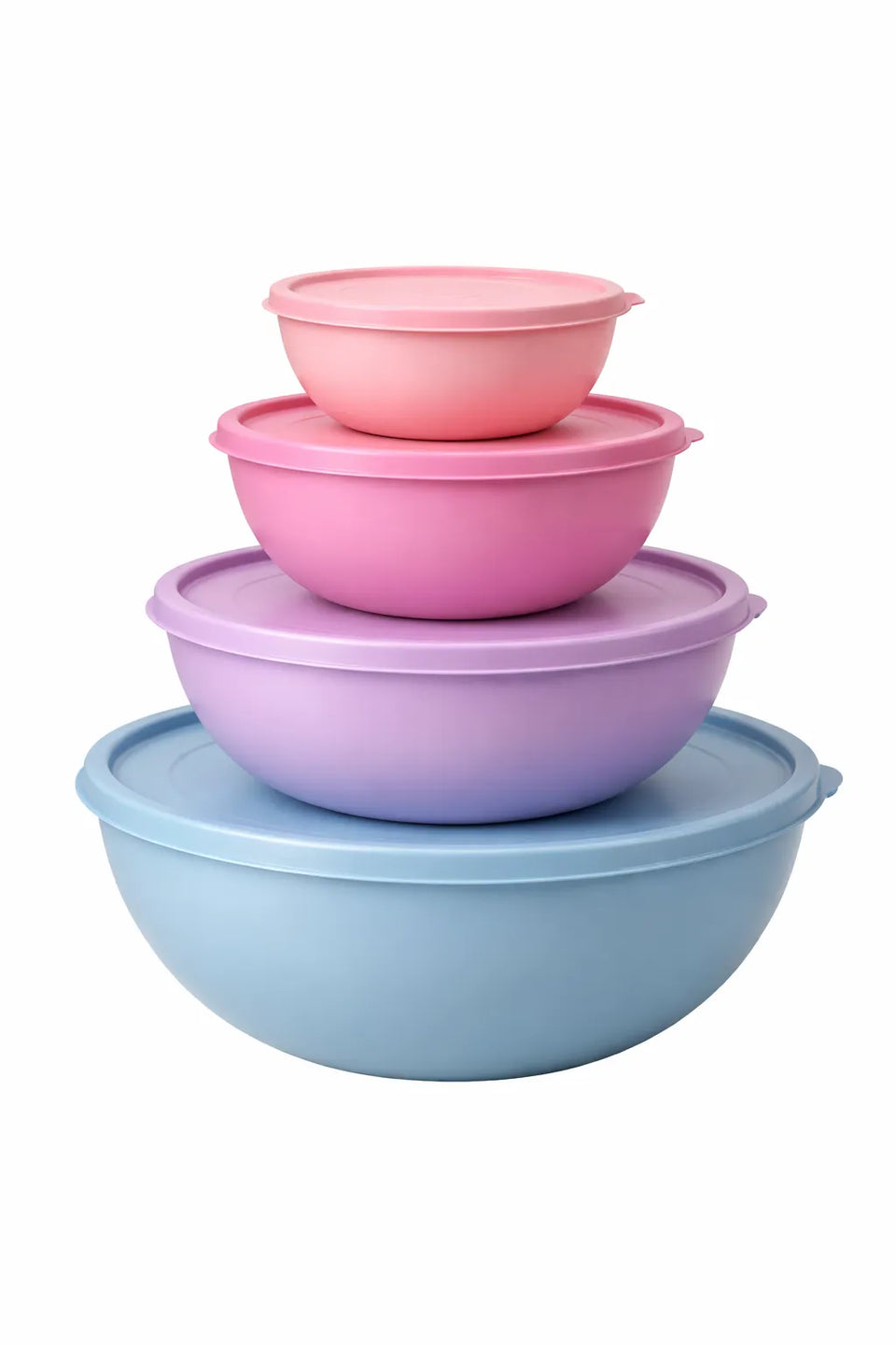 Stack of colorful plastic bowls on a white background