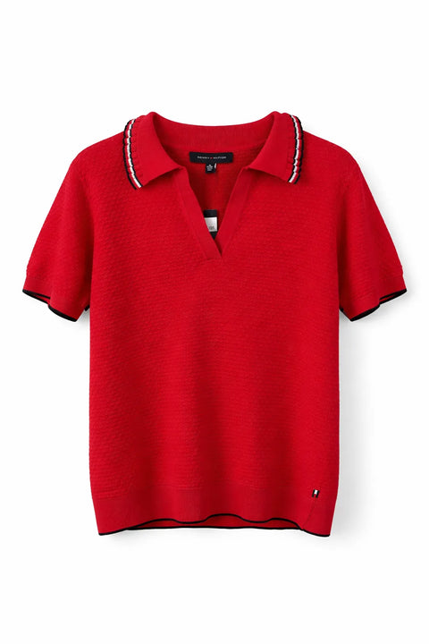 Tommy Hilfiger Women's Red Cotton Global-Tipped Short-Sleeve Polo Sweater | Tommy Hilfiger In Lebanon