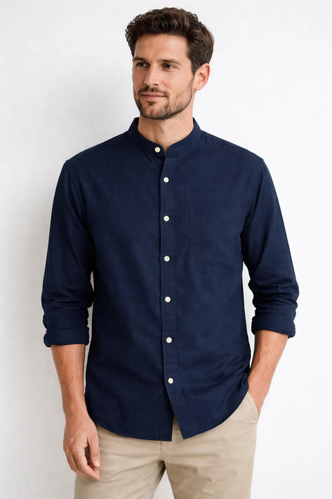 Celio Men's Dark Navy Regular Mao Collar Oxford Cotton Shirt | Celio In Lebanon