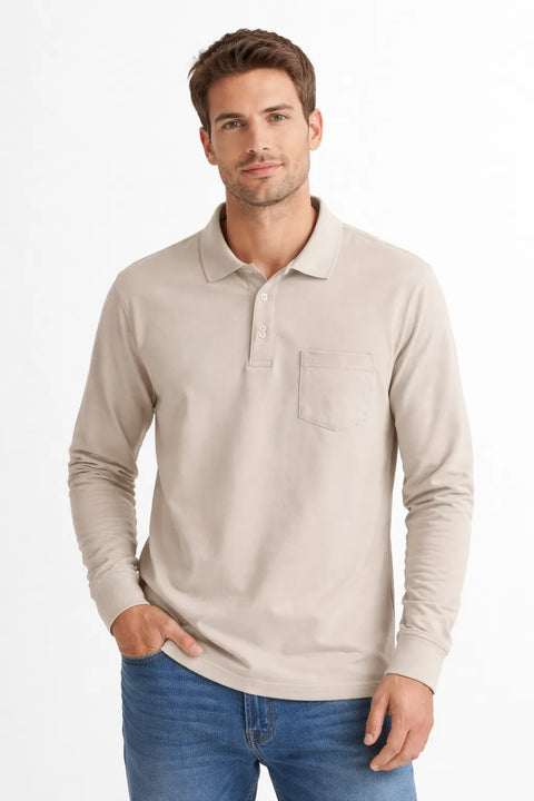 Celio Men's Beige Feckoml Long Sleeve Polo Blouse | Celio In Lebanon