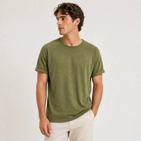 Redefined Rebel Men's Sage Green Ribbed Round Neck  Basic T-Shirt  |Redefined Rebel  in Lebanon