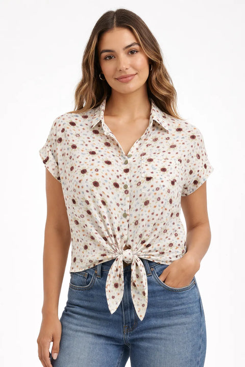 Self Esteem Women's White Cap Sleeve Floral Print Buttoned Blouse | Self Esteem In Lebanon