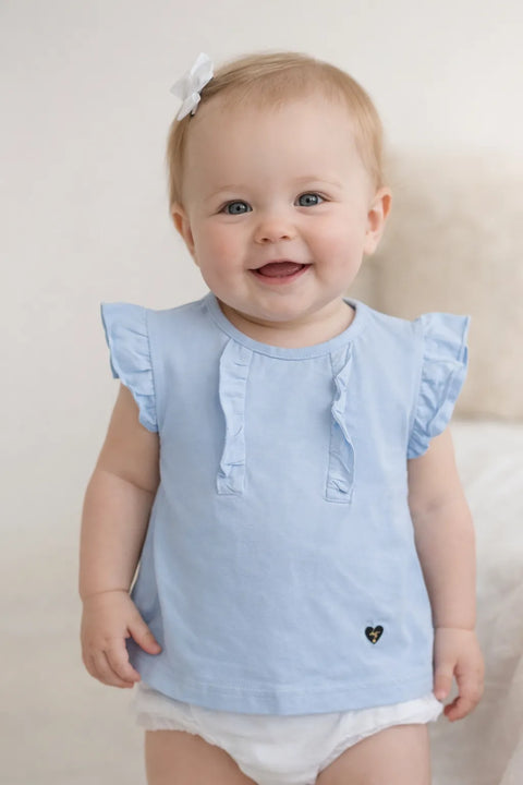 Ativo Baby Girl's Blue Ruffle Sleeveless Crew Neck Blouse |Ativo In Lebanon