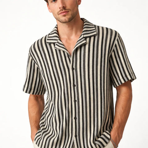 Mode of One Men's Deep Black Vertical-Stripe Camp Collar Shirt | Mode of One in Lebanon