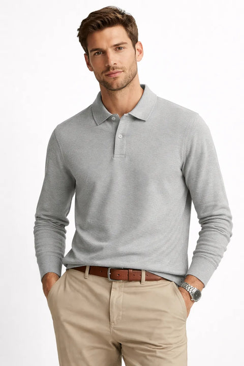 Celio Men's Light Gray Long Sleeve Polo Blouse | Celio In Lebanon