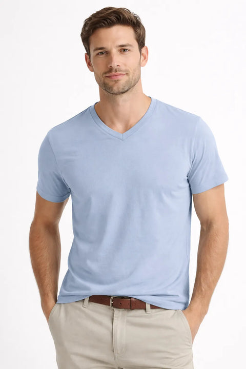 Celio Men's Light Blue Slim Fit V-Neck Stretch Cotton T-Shirt| Celio in Lebanon