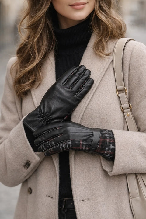 Isotoner Women's Black Leather Spandex Chevron Gloves | Isotoner In Lebanon