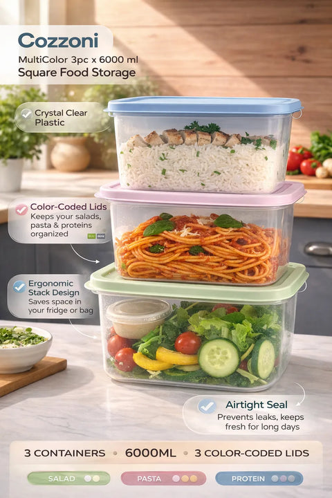 Cozzoni  MultiColor 3pc x 6000 ml Square Food Storage | Cozzoni in Lebanon