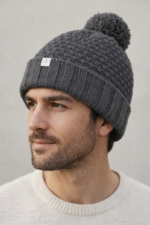 Sun + Stone Men's Dark Grey Textured-Knit Cuffed Pom-Pom Beanies | Sun + Stone In Lebanon