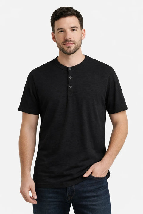 Celio Men's Faded Black Cotton-Blend Henley T-Shirt | Celio In Lebanon