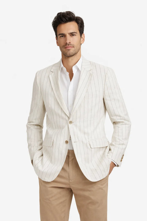 Celio Men's Beige Pinstripe Linen-Blend Blazer | Celio In Lebanon