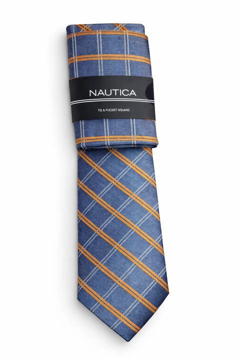 Nautica Men's Blue/Orange/White Marion Grid Tie & Pocket Square Set | Nautica In Lebanon