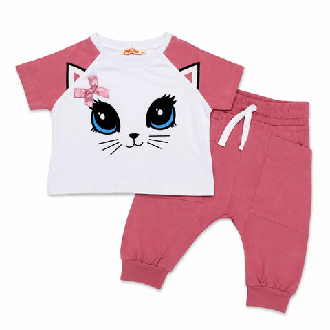 Deno Kids Girl's Pink & White Printed Pajama Set 2 Pieces | Deno Kids In Lebanon