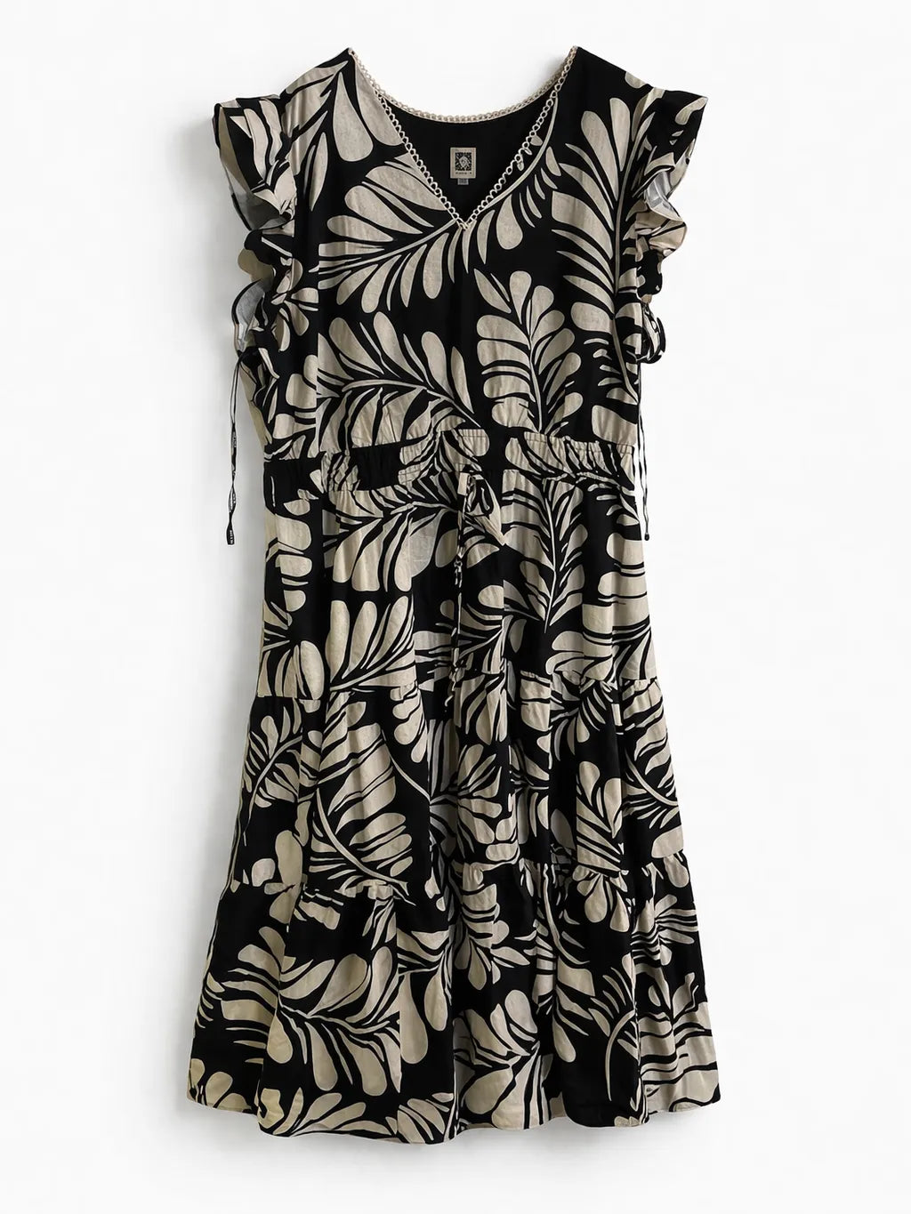 Anne Klein Women's Black/Beige  Plus Size Printed V-Neck Ruffled Midi Dress| Anne Klein in Lebanon
