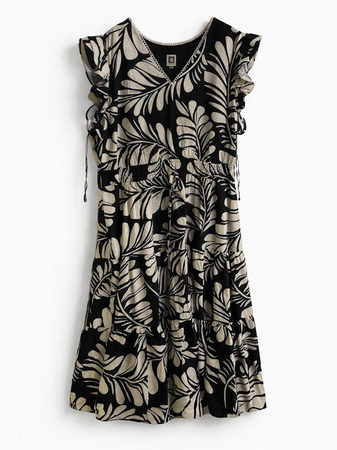 Anne Klein Women's Black/Beige  Plus Size Printed V-Neck Ruffled Midi Dress| Anne Klein in Lebanon