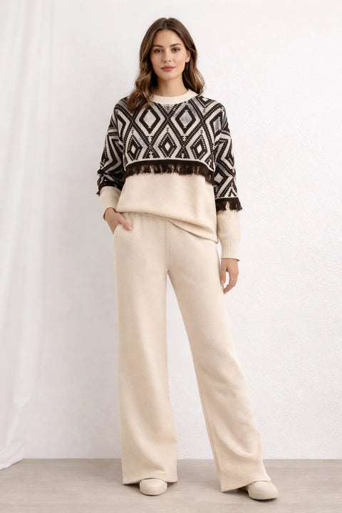 SD Women's Beige & Brown Geometric Fringe Knit Lounge Set |SD In Lebanon