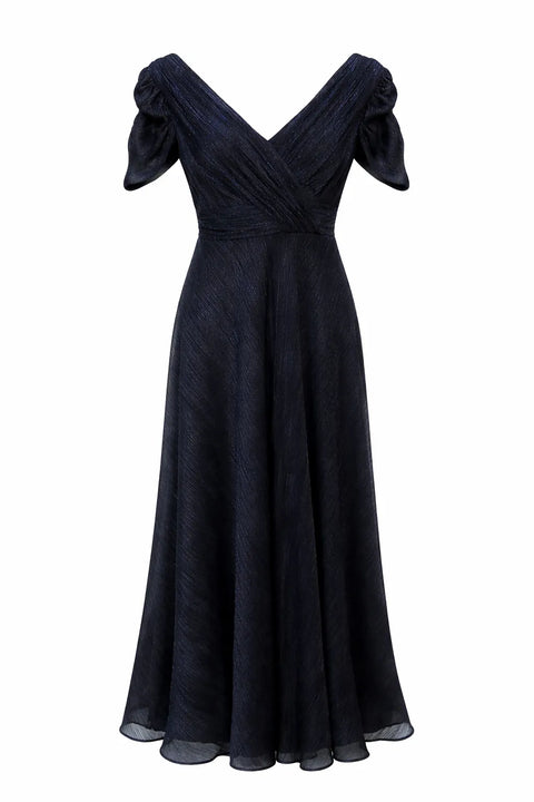 Betsy & Adam Women's Navy Petite V Neck Flutter Sleeve Metallic Dress | Betsy & Adam In Lebanon