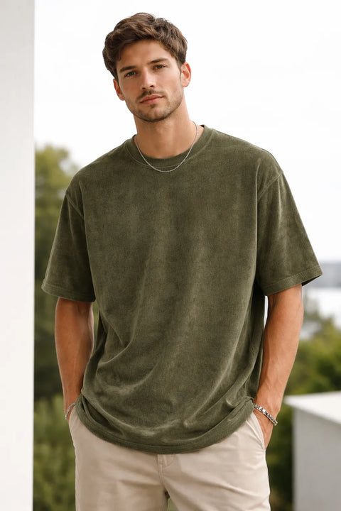 Celio Men's Khaki Green Crew Neck Terry T-Shirt | Celio In Lebanon