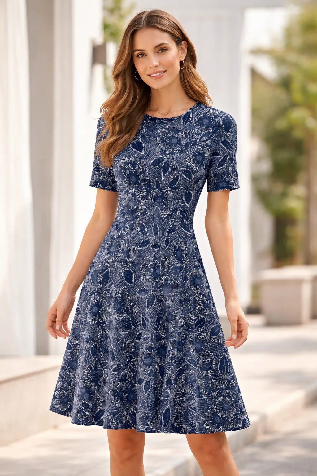 London Times Women's Blue  Petite Shirred Short-Sleeve Midi Dress |  London Times in Lebanon