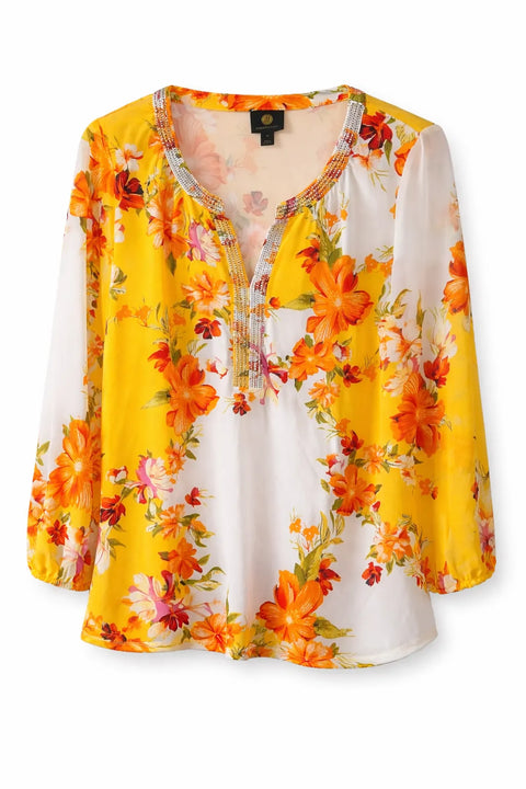 JM Collection Women's Yellow Floral Printed V Neck Long Sleeve Blouse |JM Collection In Lebanon