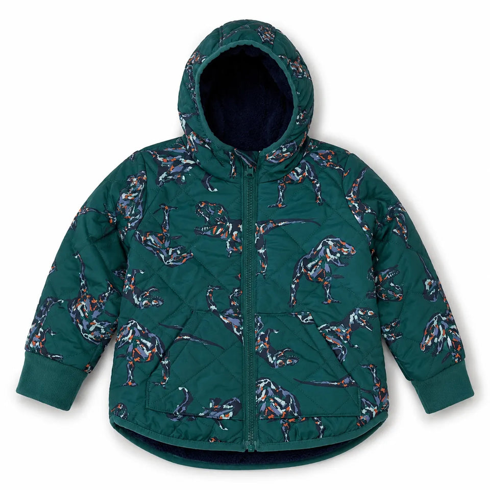 Cat & JackBaby Boy's GreenDino Printed Quilted Reversible Puffer Jacket| Cat & Jackin Lebanon