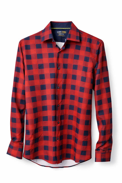 Azaro Uomo Men's Navy & Red Plaid Performance Collection Slim Fit Shirt|Azaro Uomo In Lebanon