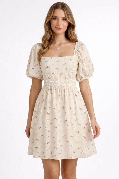 Celebrity Pink Cream Floral Printed Square-Neck Nara Dress | Celebrity Pink In Lebanon