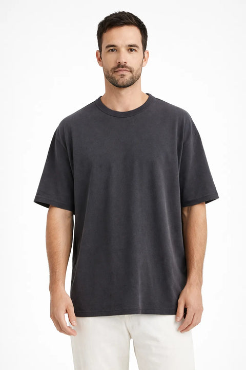 Celio Men's Washed Black Solid Oversized Cotton T-Shirt | Celio in Lebanon