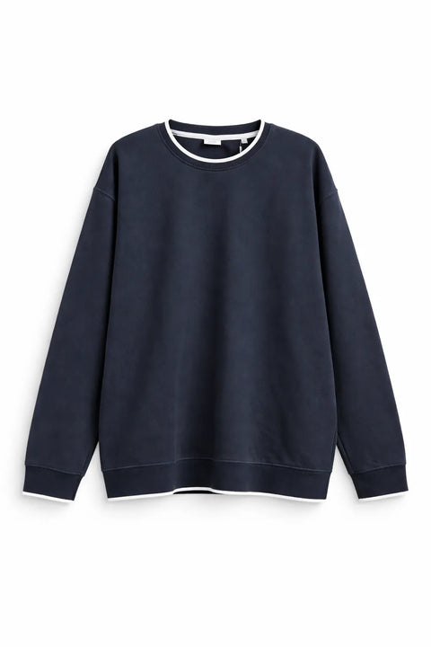 Navy blue sweatshirt with white trim on a white background
