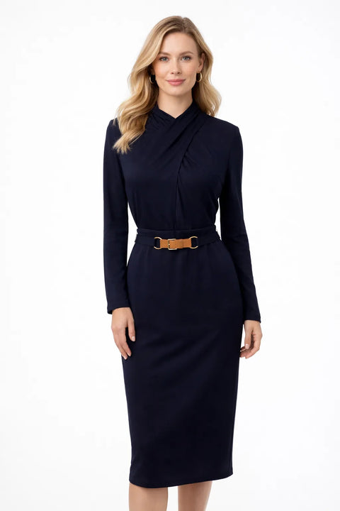Lauren Ralph Lauren Women's Navy Belted Jersey Mockneck Dress | Lauren Ralph Lauren In Lebanon
