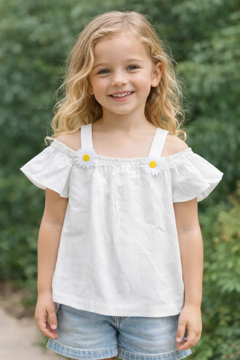 Ativo Girl's White Daisy Flutter Cold Shoulder Top |Ativo In Lebanon