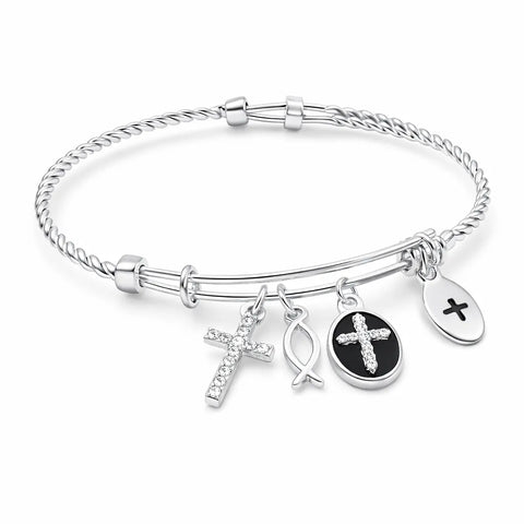 Unwritten Women's Silver Cross Multi-Charm Bangle Bracelet |  Unwritten  in Lebanon