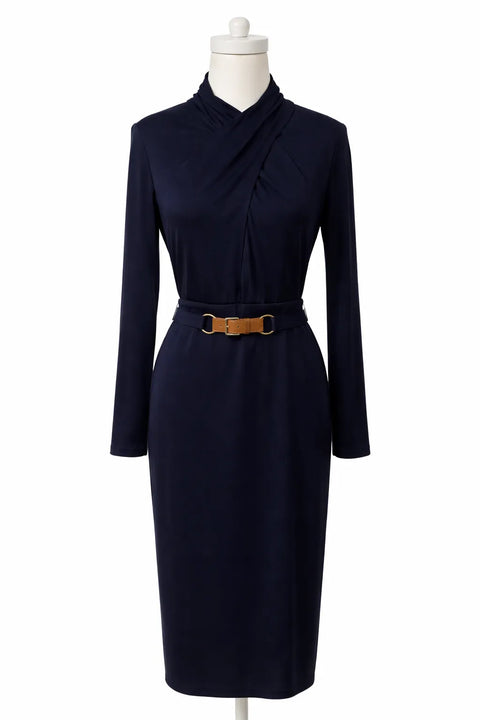 Lauren Ralph Lauren Women's Navy Belted Jersey Mockneck Dress | Lauren Ralph Lauren In Lebanon