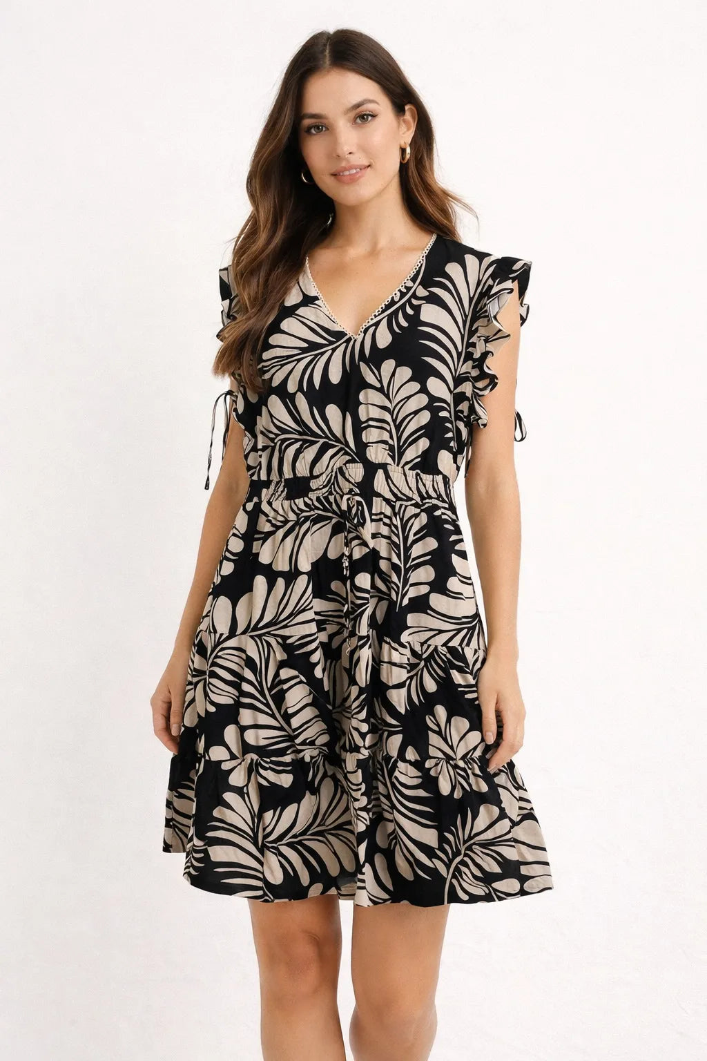 Anne Klein Women's Black/Beige  Plus Size Printed V-Neck Ruffled Midi Dress| Anne Klein in Lebanon