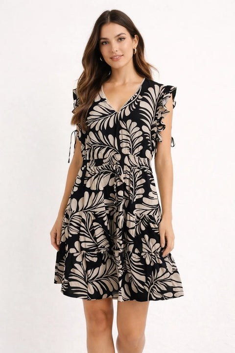 Anne Klein Women's Black/Beige  Plus Size Printed V-Neck Ruffled Midi Dress| Anne Klein in Lebanon