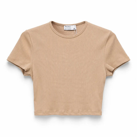 Bershka Women's Beige Ribbed Crew Neck T-Shirt | Bershka In Lebanon