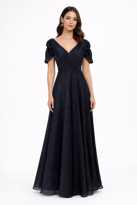 Betsy & Adam Women's Navy Petite V Neck Flutter Sleeve Metallic Dress | Betsy & Adam In Lebanon