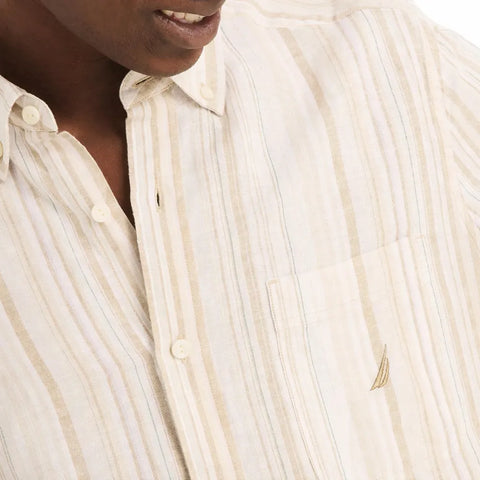 Nautica Men's White & Beige Classic-Fit Striped Linen-Blend Long Sleeve Shirt | Nautica In Lebanon