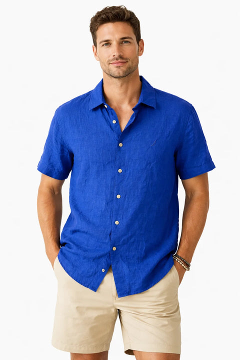Nautica Men’s Satell Blue Button Down Short Sleeve Linen Shirt | Nautica in Lebanon