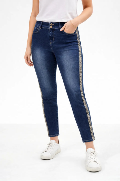 White Mark  Women's Blue Super Stretch Denim with Cheetah Pannel Jeans | White Mark  in Lebanon