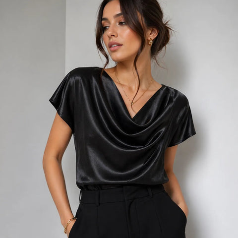 Floral & Ivy Women's Black Satin Cowl Neck Top | Floral & Ivy In Lebanon