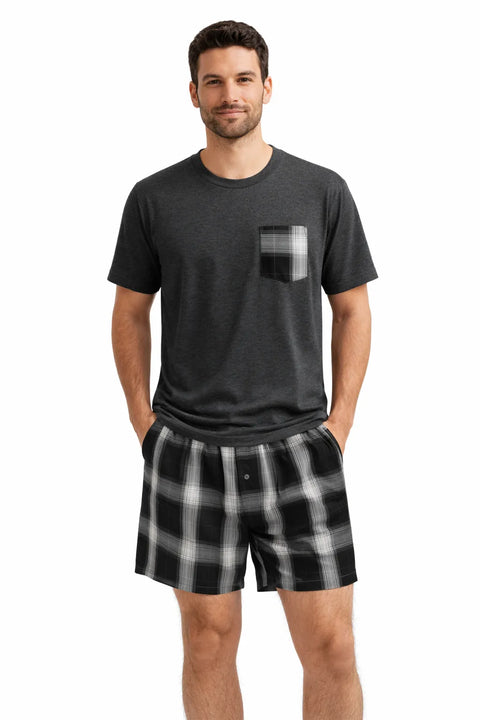 Celio Men’s Gray Checkered 2 pcs Short Pajama Set|Celio In Lebanon